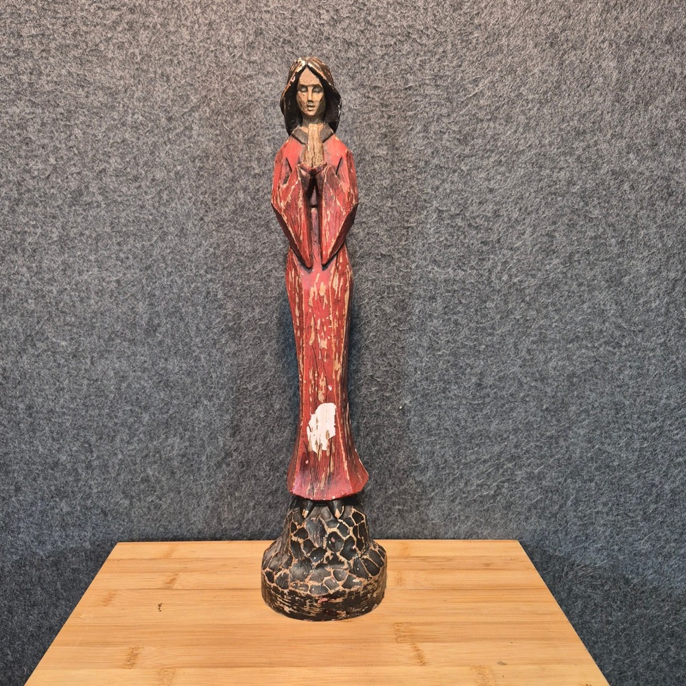 Rustic Carved Praying Figurine 15 Inches Tall Wooden Bohemian Hippie 90s